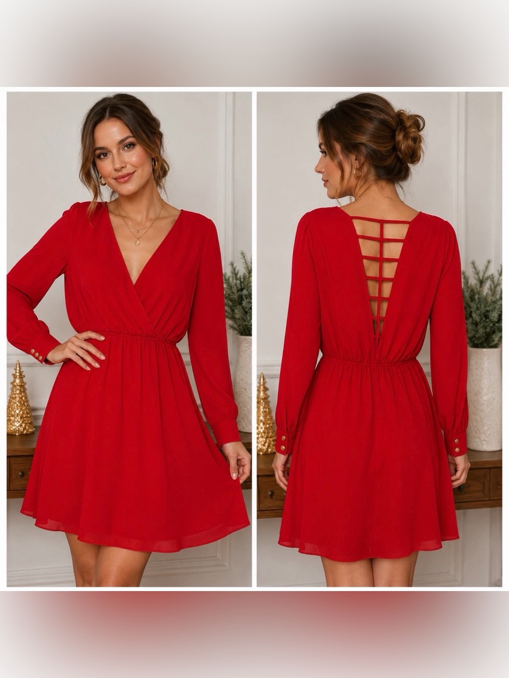 YA Los Angeles Red Open Back Lattice Dress Long Sleeve Size Medium